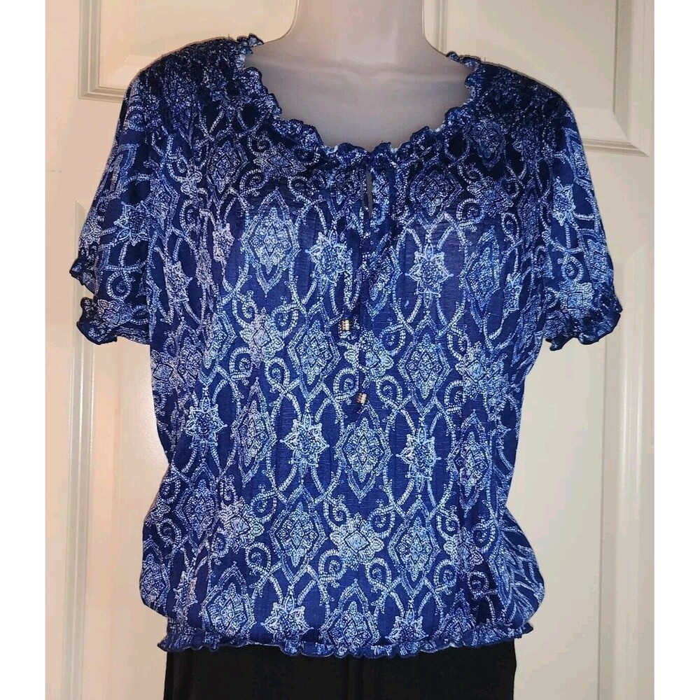 Faded Glory Blue Print On/Off Shoulder Elastic-Sleeve Top, Size Large (12-14)
